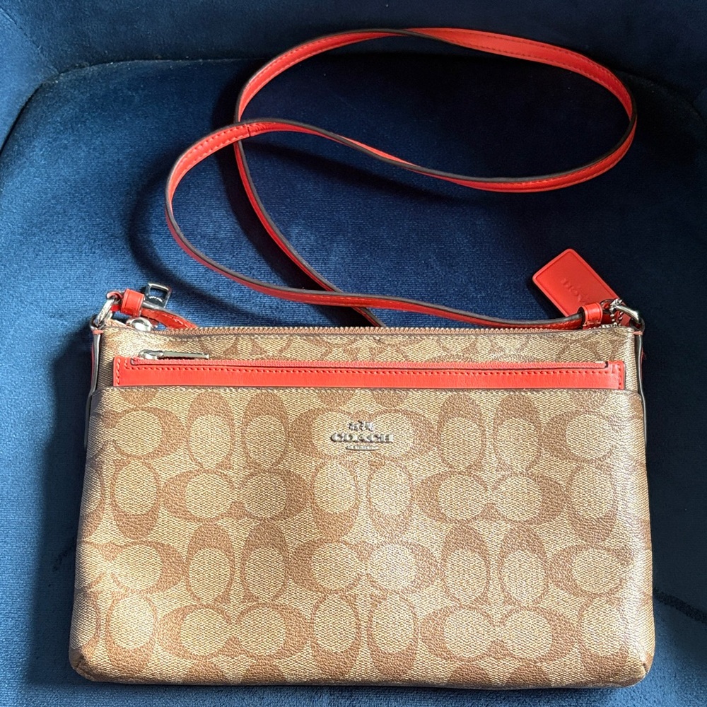 Coach Brown Logo and Coral Crossbody Bag with Removable Pouch and Zipper Top
